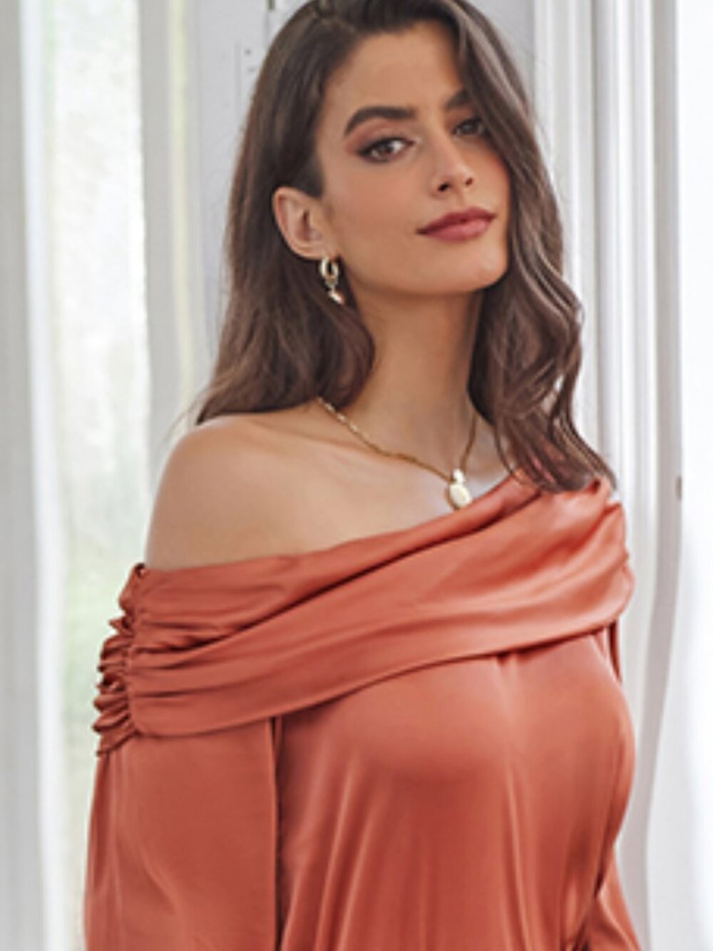 Grace Karin NWT Coral Off-Shoulder Long Sleeve Satin Special Occasion Top Med